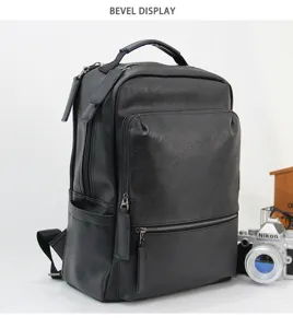 Men's Black Leather Backpack Business Casual Laptop Bag Fashion Student School Bookbag
