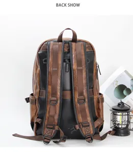 Vintage leather backpack for men, multi-compartment travel rucksack, large capacity bag.