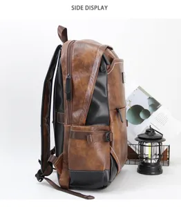Vintage leather backpack for men, multi-compartment travel school book bag and laptop carrier.