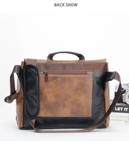 Detailed view of stylish brown and black men's messenger bag with adjustable shoulder strap.