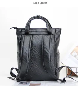 Vue détaillée du sac à dos d'affaires en cuir noir montrant les bretelles et le dos.
