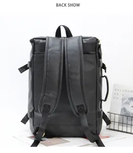 Men's large capacity black PU leather business casual backpack travel laptop rucksack bag.
