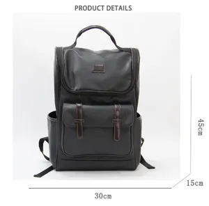 Detailed view of large capacity dark brown leather backpack with multi pockets and dimensions.