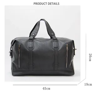 Men large capacity leather travel duffel bag detail shot, gym sport shoulder luggage bag.