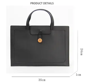 Slim 13-inch laptop bag detail view, black PU leather briefcase with wooden button design.