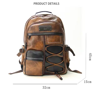 Vintage PU leather casual men's backpack with multi pockets and stylish straps 45x32x15cm