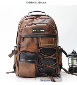 Retro casual men's backpack waterproof PU leather vintage outdoor travel school book bag