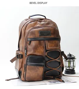 Vintage PU leather casual backpack for men, multi-pocket design, retro outdoor school book bag.