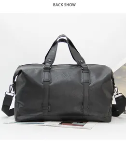 Black leather travel duffel bag for men, large capacity gym shoulder weekender bag.