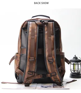 Men retro PU leather casual backpack with multiple pockets and adjustable shoulder straps.