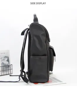 Casual large capacity leather commuter backpack side view detail showing multiple pockets