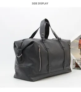 Men large capacity leather travel duffel bag business luggage shoulder bag side view