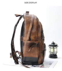 Retro PU leather casual men outdoor backpack side view minimalist waterproof school bag