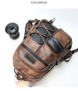Vintage men's pu leather backpack casual outdoor travel school bag with multiple zipper pockets