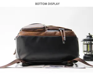 Vintage men backpack bottom display detail showing durable black leather and dual straps.