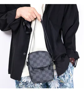 Men checkerboard vertical messenger bag stylish casual shoulder phone bag crossbody bag