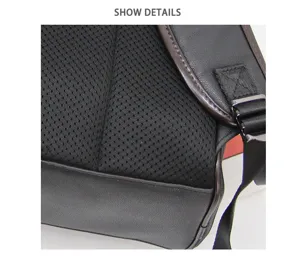 Close up detail view of black breathable mesh backpack back panel and adjustable strap hardware.
