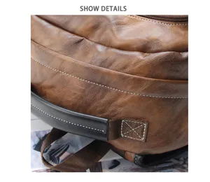 Men retro brown PU leather backpack detail view showing exquisite stitching and handle.