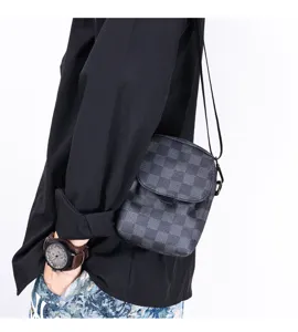Men's vertical checkered crossbody phone bag, casual vintage small shoulder bag for daily use.