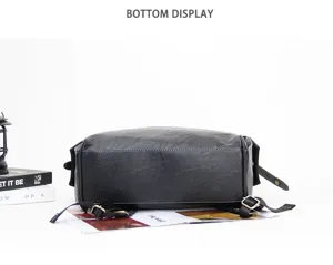 Mens casual black leather backpack bottom display view showing durable material and sturdy build.