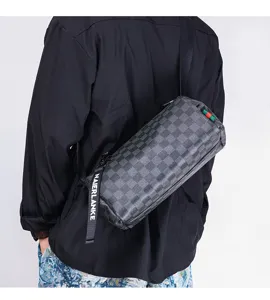 Detailed view of men's cylindrical crossbody shoulder bag with check pattern and strap.