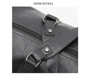Close-up detail shot of black faux leather travel bag showing texture, metal buckles and straps.