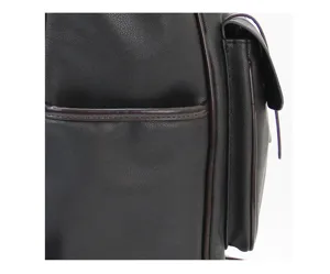 Close up view of black leather backpack side pocket, durable stitching, fine detail craftsmanship.