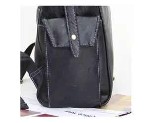 Detailed view of black leather backpack front pocket, white stitching and metal snap.