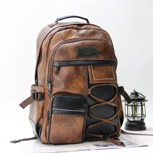 Men's Retro PU Leather Casual Backpack Waterproof Minimalist Travel School Bag With Laptop Compartment And Pockets