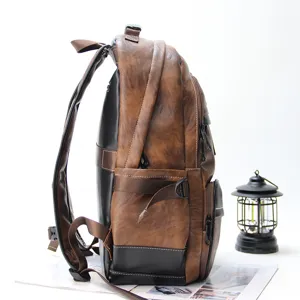 Vintage brown faux leather casual backpack for men, durable outdoor travel daypack with zipper.