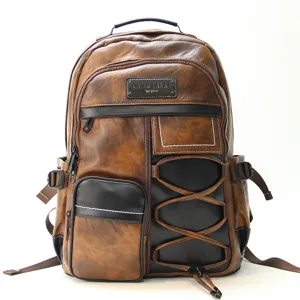 Men vintage PU leather backpack casual waterproof business travel school bag outdoor rucksack