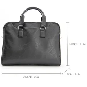 Borsa da lavoro nera in pelle con manico e dimensioni chiare per l'uso professionale quotidiano.
