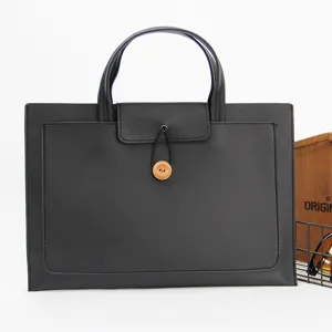 Slim 13 inch laptop bag PU leather briefcase business sleeve with wood button handle