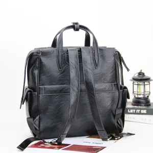 Men black leather backpack fashion casual business laptop bag large capacity versatile
