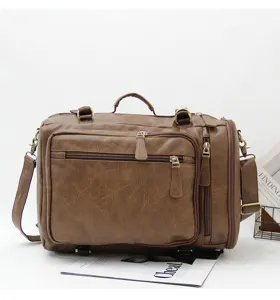 Vintage multi-functional men's brown PU leather backpack and shoulder messenger travel bag.