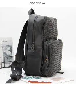 Detailed view of black woven leather backpack with large capacity and stylish business design.