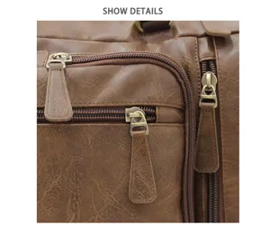 Men vintage brown multi pocket backpack duffel bag detail view close up leather bag