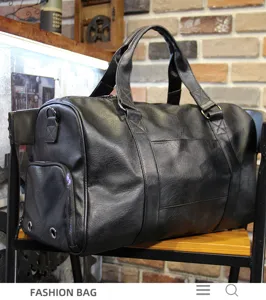 Black PU leather travel duffel bag with shoe compartment large capacity business flight bag