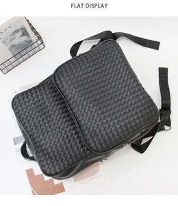 Detailed flat display of black woven leather business backpack, stylish large capacity travel bag.