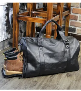 Black PU leather travel duffel bag with separate shoe compartment for short trips and business.