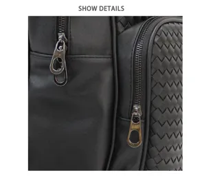 Close-up view showing the exquisite black woven leather texture and metal zipper details.