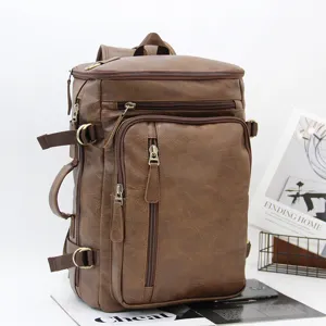 Retro Multifunctional PU Leather Backpack For Men Casual Travel Large Capacity College School Computer Book Bag