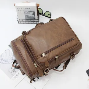 Vintage multi-function men's backpack, stylish brown PU leather casual travel school bag.
