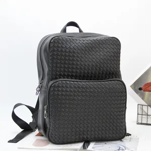 Korean Style Woven Business Backpack Large Capacity Travel Computer Bag Casual PU Leather School Backpack For Men Women