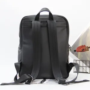 Black leather backpack for men women minimalist casual travel school daypack business laptop bag