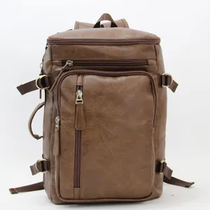 Vintage brown PU leather multi-functional backpack for men, casual travel rucksack, large capacity.