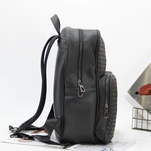 Black woven leather backpack stylish business laptop travel bag minimalist design