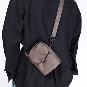 Men Casual PU Leather Crossbody Bag Solid Color Vintage Small Messenger Bag Multi-Function Vertical Phone Bag