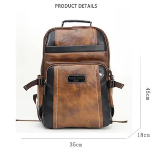 Close-up detail view of vintage brown faux leather multi-layer business travel backpack.