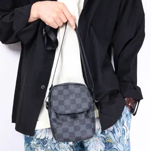 Men's casual vertical crossbody phone bag, trendy checkered design with adjustable shoulder strap.